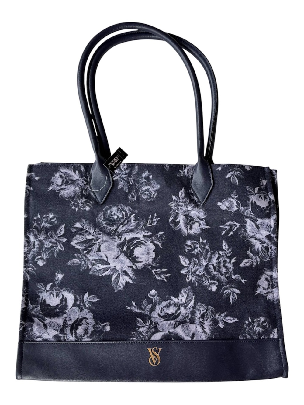 NWT Victoria’s Secret Navy Floral Canvas Tote Bag Gold Monogram VS Logo Travel⁠
